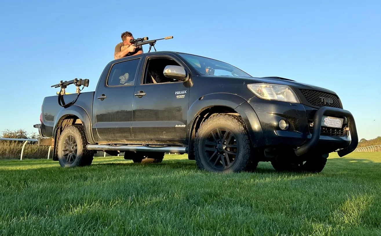 a Bawcro Pest Control Professional Using a Licensed Firearm from a Modified Vehicle to Manage Wildlife Pests on Agricultural Land in Yorkshire.
